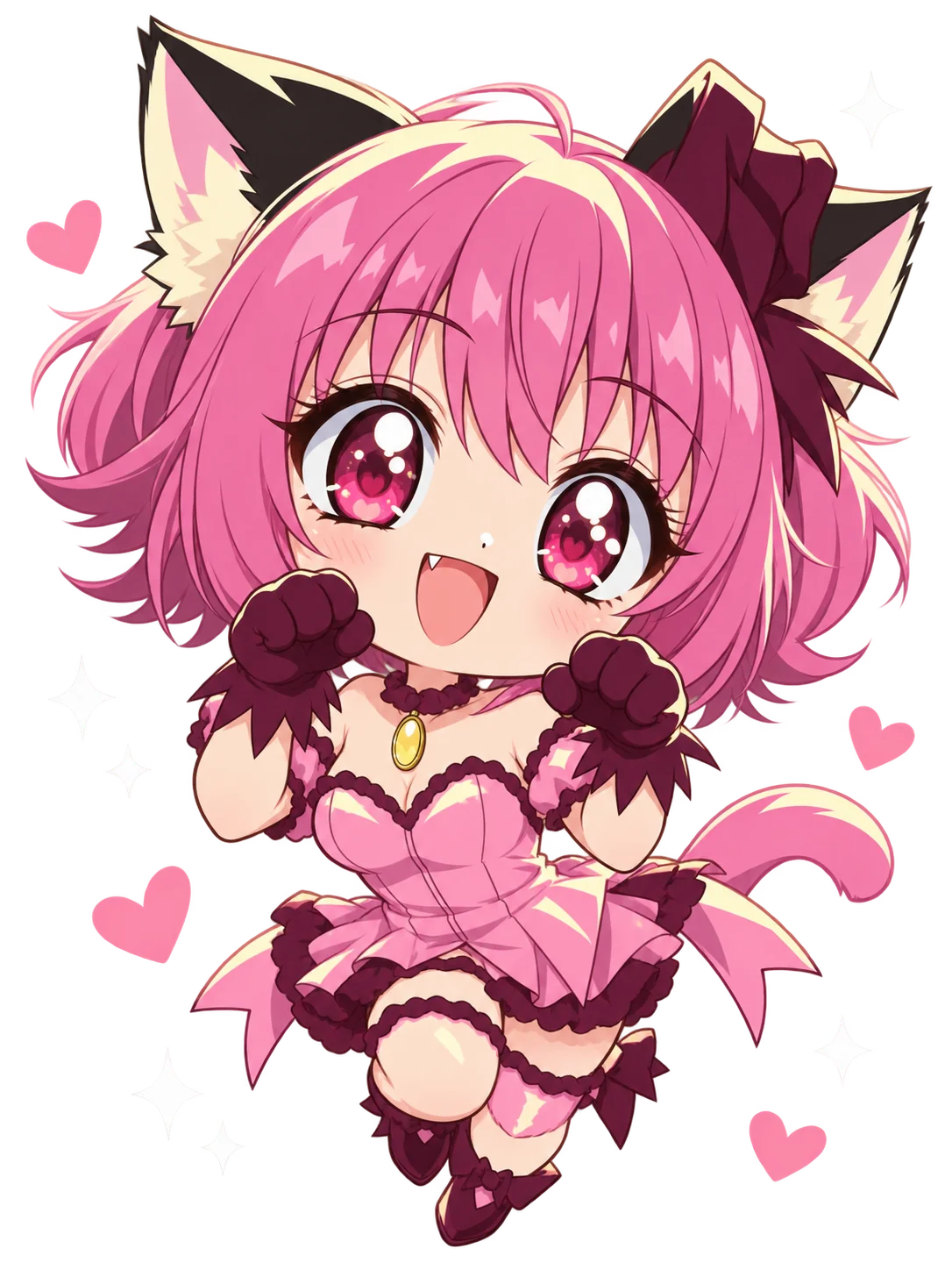 Pink-haired chibi cat character with a bow and pink outfit