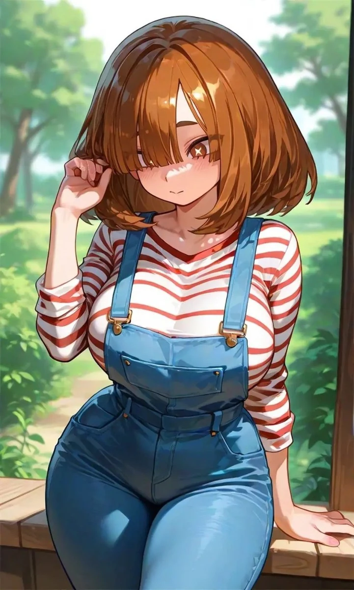 Brown-haired character in striped sleeves and blue overalls