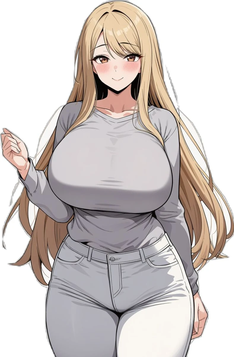 Blonde character in a grey top and white trousers