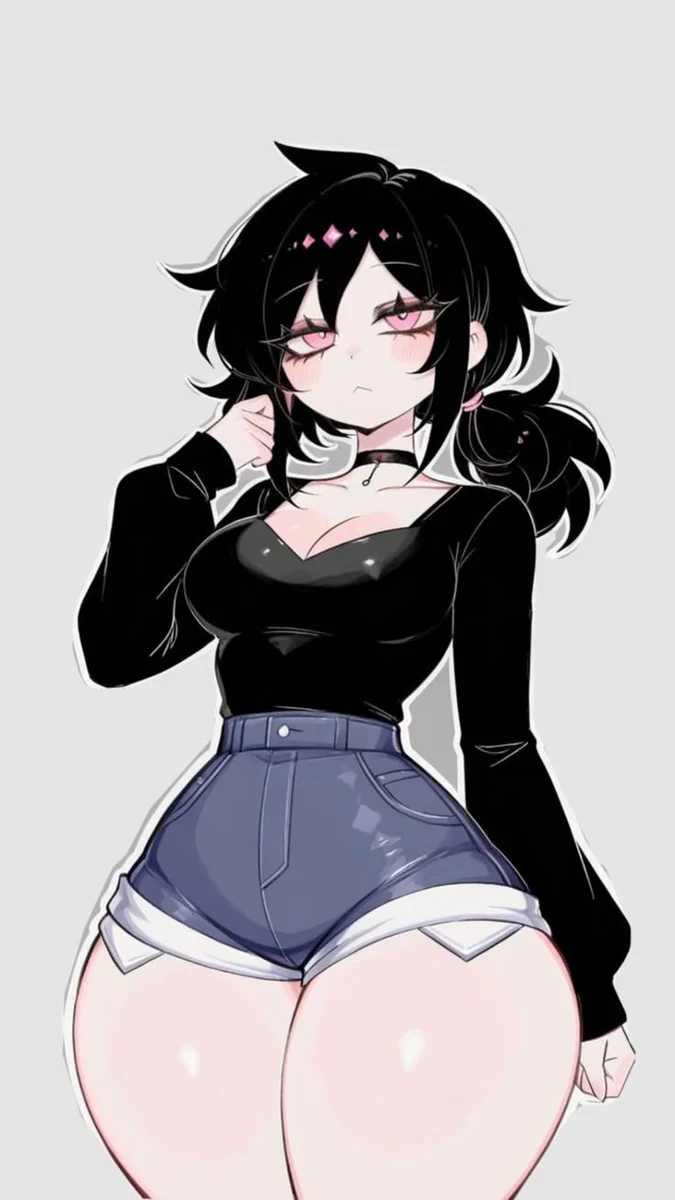 Black-haired character wearing a dark top and blue shorts