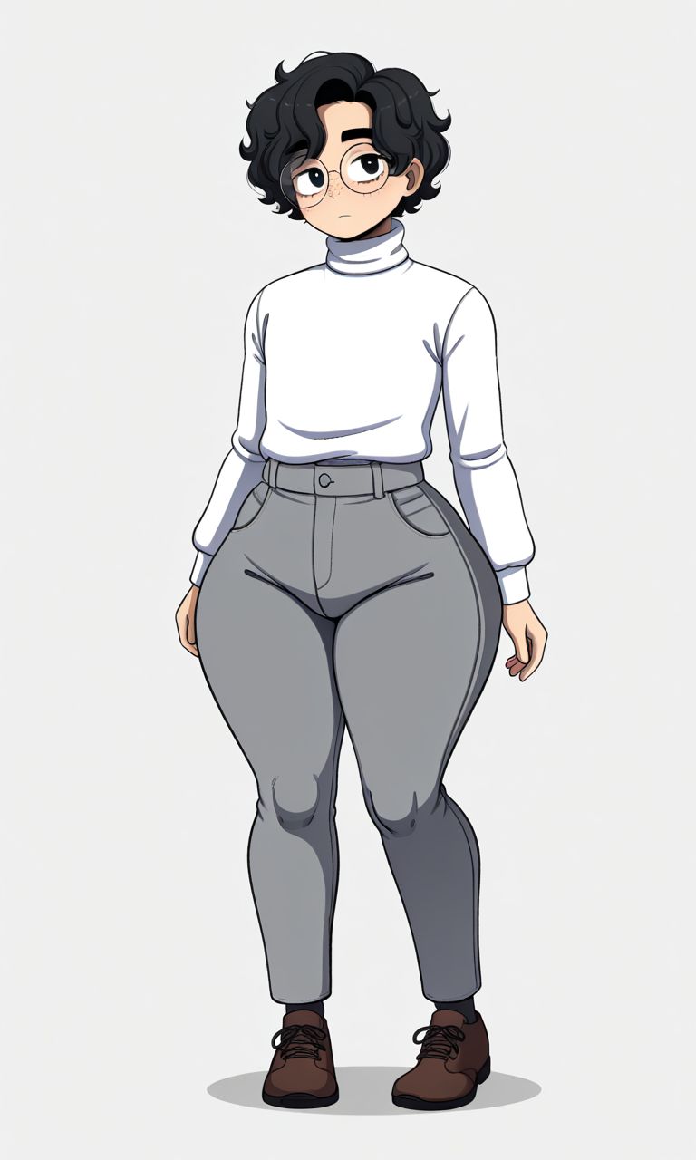 Curly-haired character with glasses in a white sweater and grey trousers