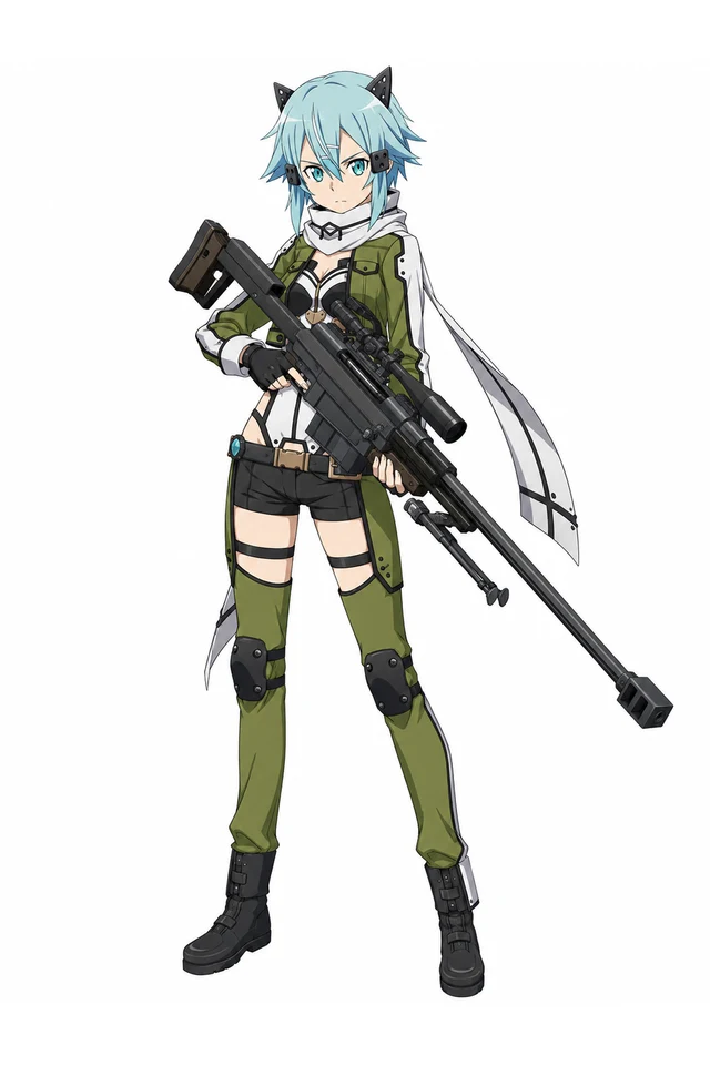Blue-haired cat-eared anime character in a green outfit holding a rifle