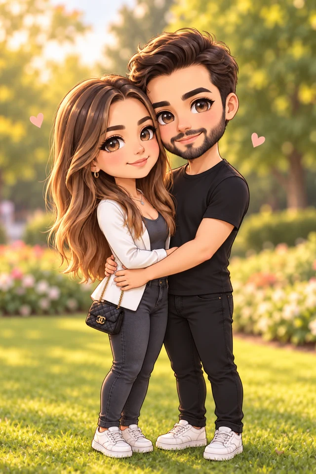 Chibi couple embracing in the same garden with matching white blazer and black T-shirt