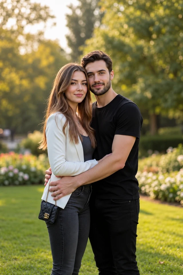 Couple embracing in a sunny garden, wearing a white blazer and black T-shirt