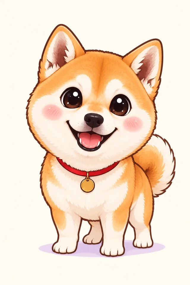 Chibi Shiba Inu with oversized eyes, curled tail and matching red collar