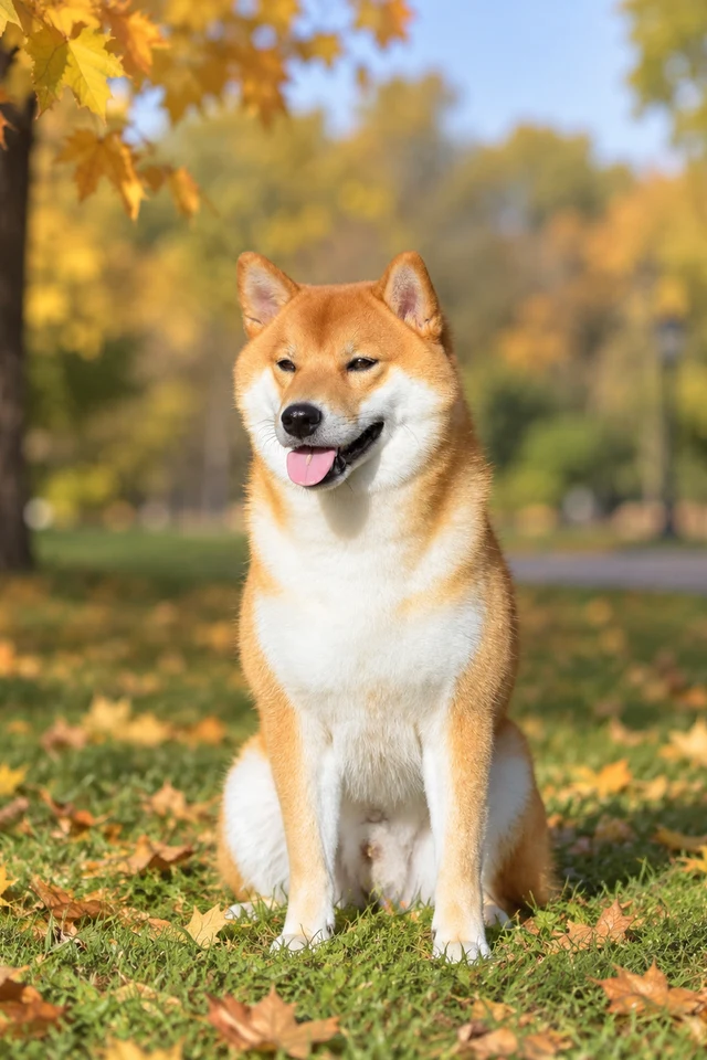 Shiba Inu sitting on grass beneath golden autumn leaves