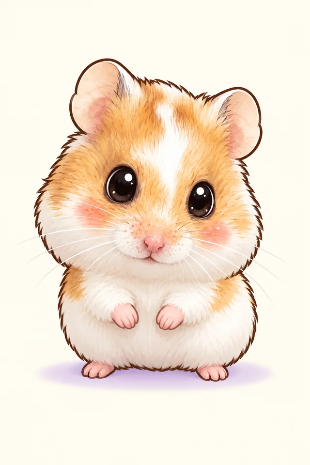 Round chibi hamster with matching golden and white fur and tiny pink paws