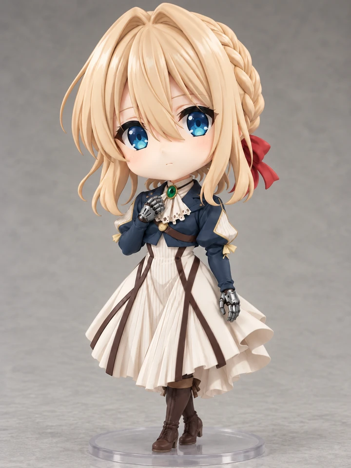 Blonde chibi collectible figurine in a navy jacket and ivory dress with mechanical hands
