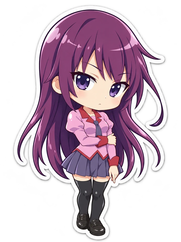 Purple-haired chibi schoolgirl sticker with violet eyes and a pink uniform