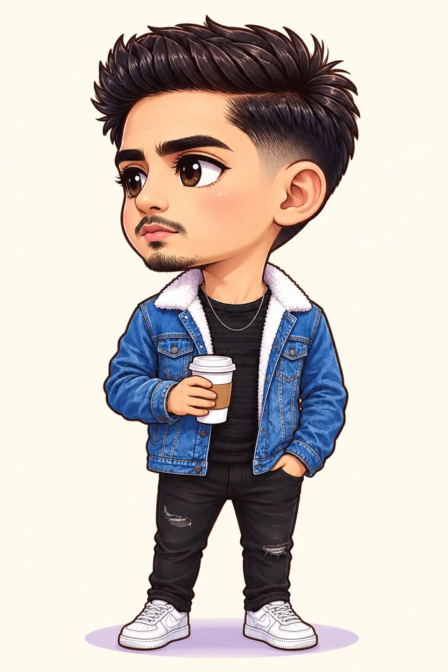 Chibi man with matching hairstyle, blue denim jacket and coffee cup