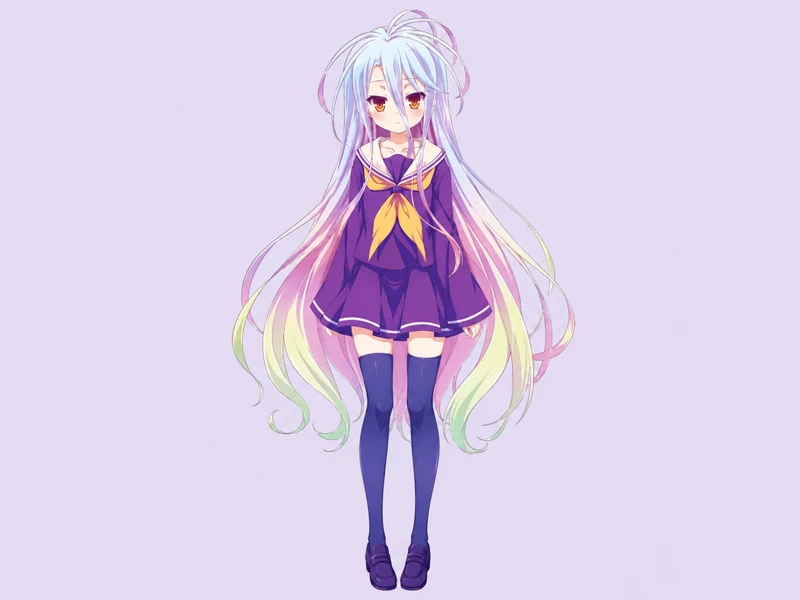 Long-haired anime character in a purple school uniform