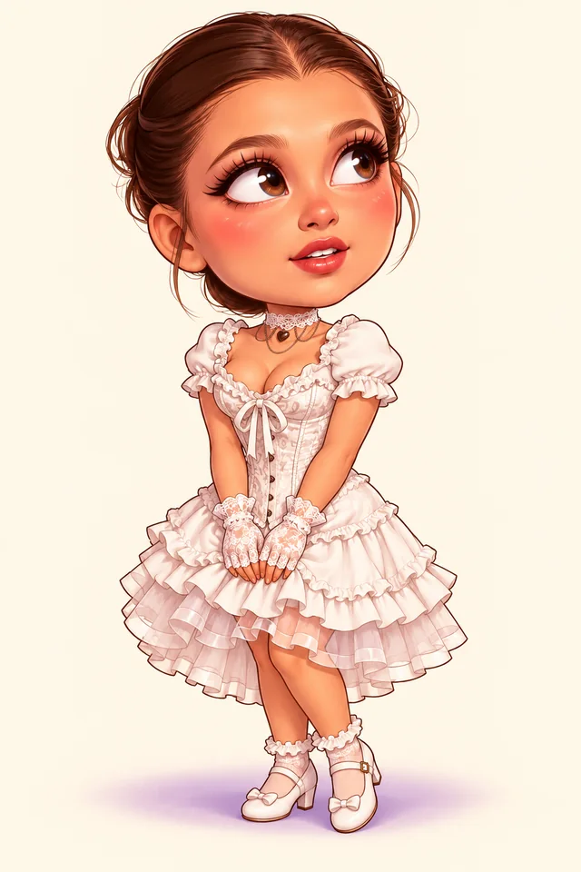 Chibi woman with matching brunette updo, white ruffled dress and lace accessories