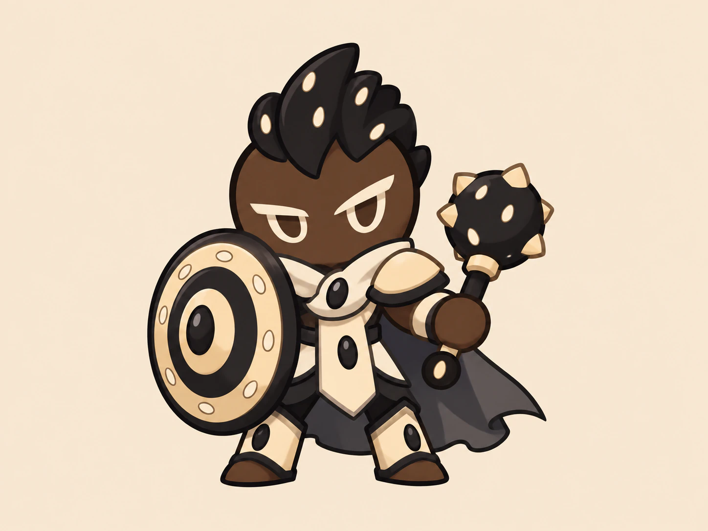 Black Sesame Knight Cookie OC with cream armor, round shield, and mace on a pale beige background