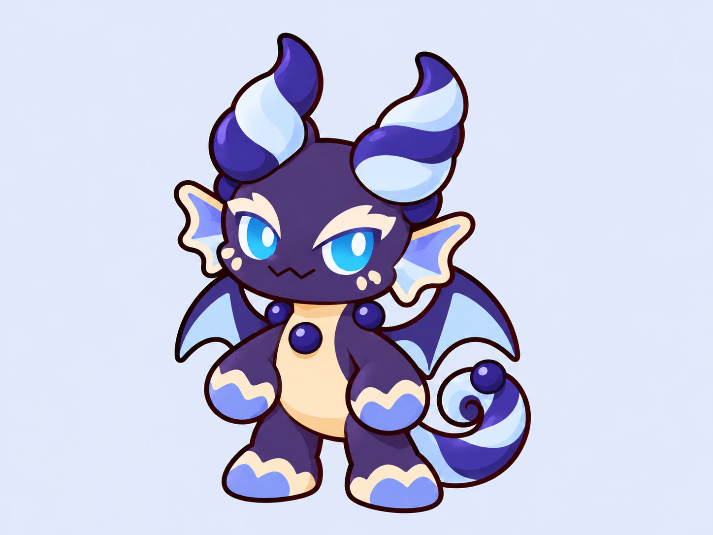 Blueberry Taffy Dragon Cookie OC with striped horns, wings, and curled tail on a pale blue background