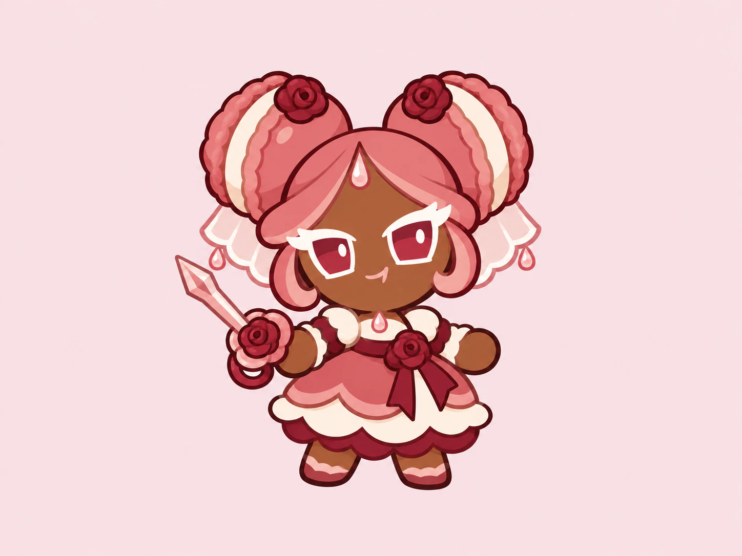 Rosewater Macaron Cookie OC in a pink layered dress with a rose sword on a pale pink background