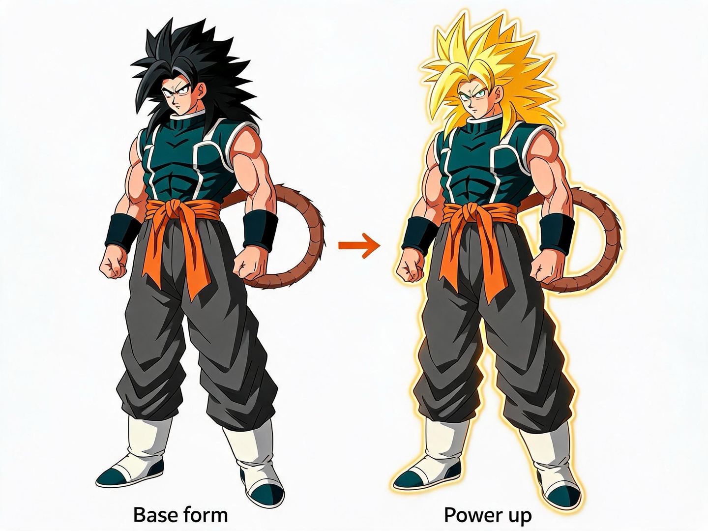 Renko in his black-haired base form beside a golden-haired transformation, retaining his teal outfit and orange sash