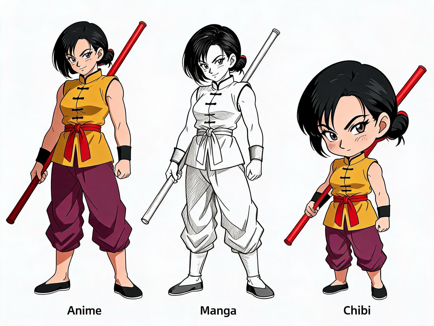 Tessi with black hair and a red staff shown in anime, black-and-white manga and chibi styles
