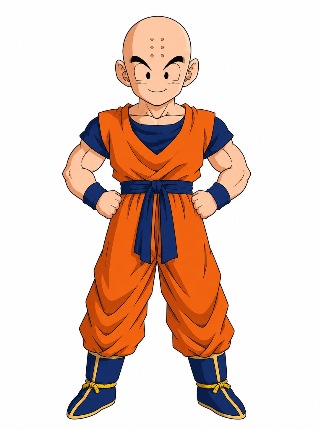 Krillin with a bald head and six forehead dots, wearing an orange gi and blue boots with yellow trim