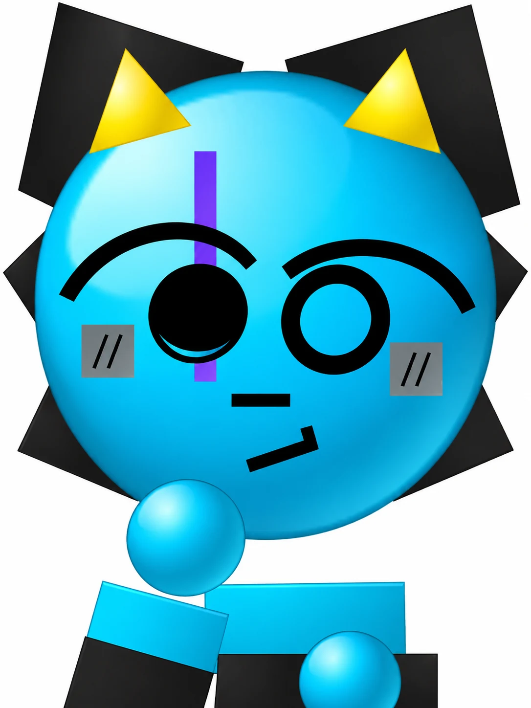Cyan geometric Emoji Cat OC with black block ears, yellow horns, mismatched circle eyes, and cropped rectangular body on white