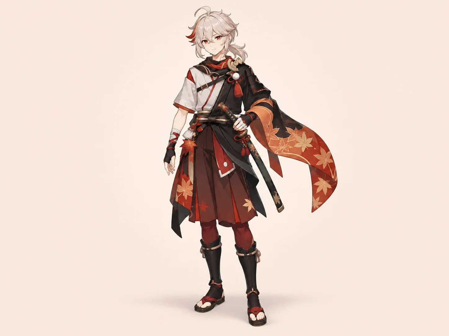 Kaedehara Kazuha character reference in a red, black, and cream outfit