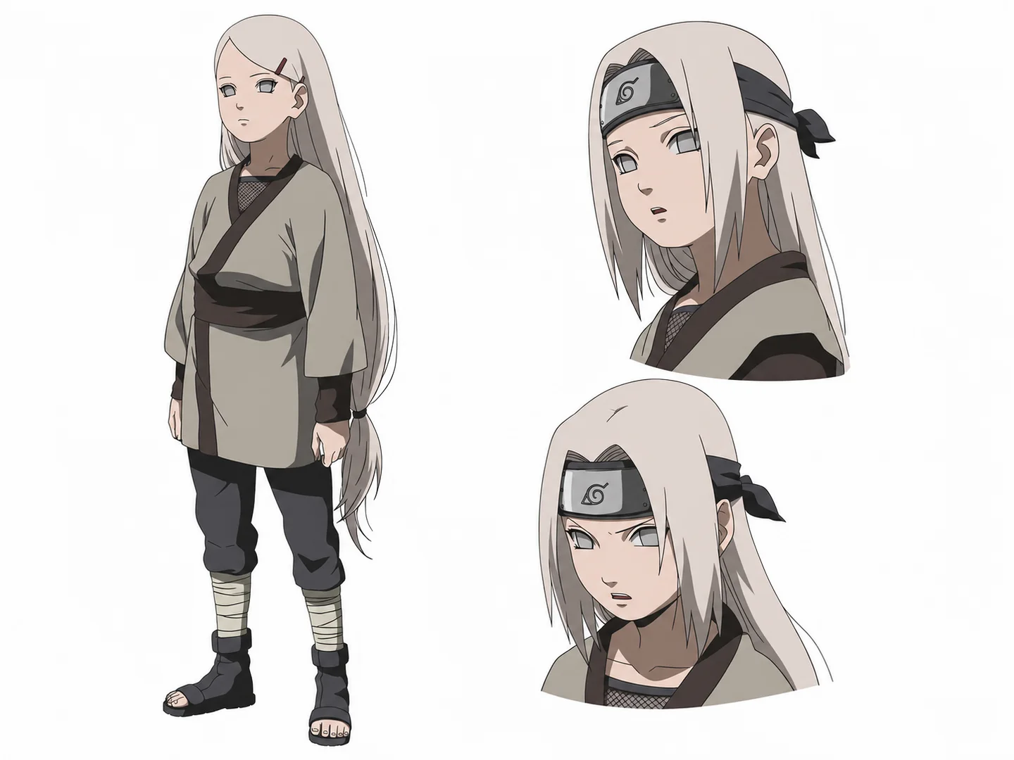 Character reference with one full-body view and two face studies of a pale-haired kunoichi