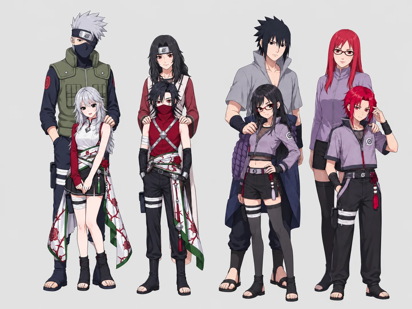 Group of ninja characters in different outfits against a pale background