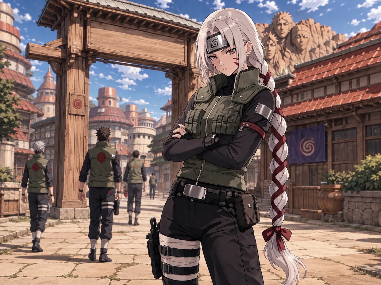 White-haired kunoichi with a long braid and green tactical vest on a village street