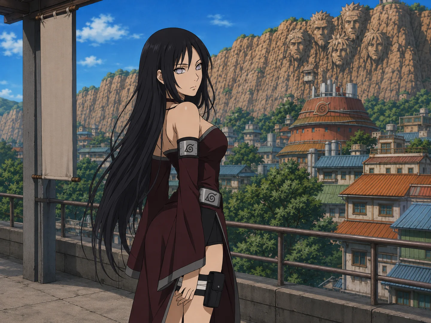 Long-haired kunoichi in a burgundy outfit on a balcony overlooking the Hidden Leaf Village